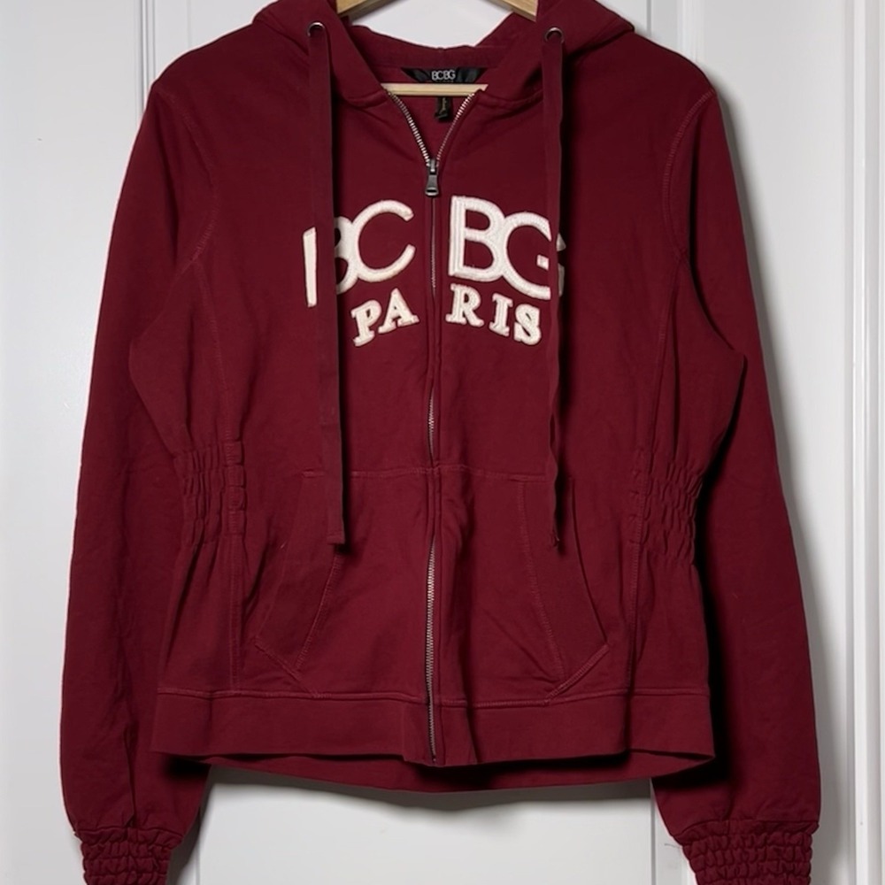BCBG Paris Maroon Patchwork Logo Smocked Cuffs Full Zip Hoodie Y2K‎ Indie Style